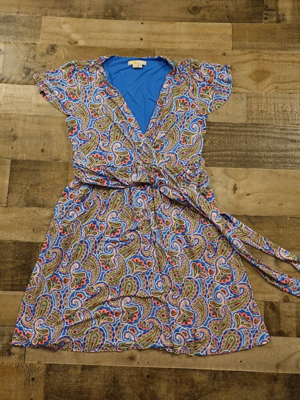 Boden Paisley Wrap Dress Women’s US 10P Blue Pink Faux Wrap Belted Knee Length